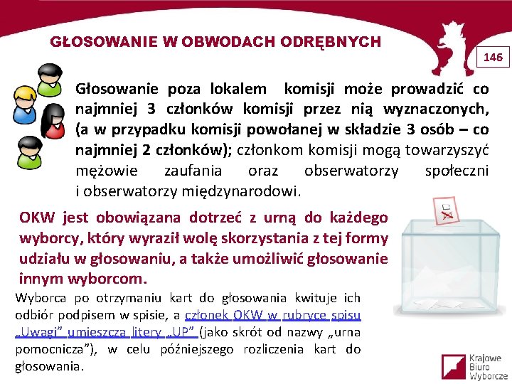 GŁOSOWANIE W OBWODACH ODRĘBNYCH 146 Głosowanie poza lokalem komisji może prowadzić co najmniej 3