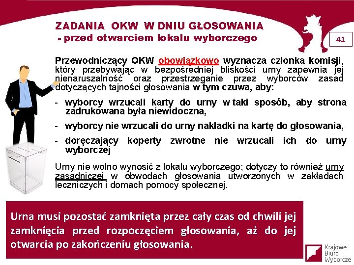 ZADANIA OKW W DNIU GŁOSOWANIA - przed otwarciem lokalu wyborczego 41 Przewodniczący OKW obowiązkowo