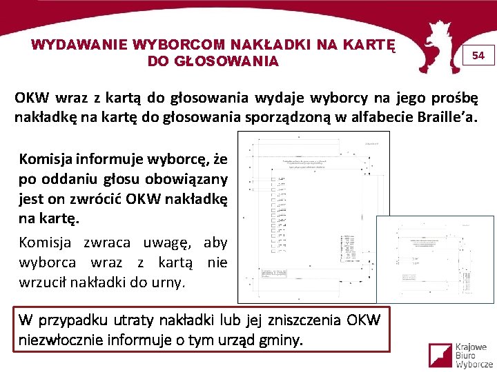 WYDAWANIE WYBORCOM NAKŁADKI NA KARTĘ DO GŁOSOWANIA 54 OKW wraz z kartą do głosowania