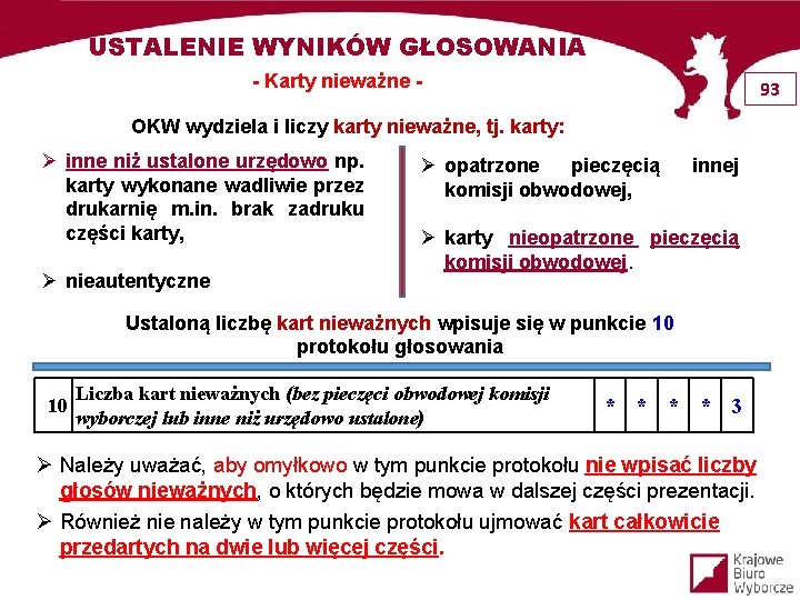 USTALENIE WYNIKÓW GŁOSOWANIA - Karty nieważne - 93 OKW wydziela i liczy karty nieważne,