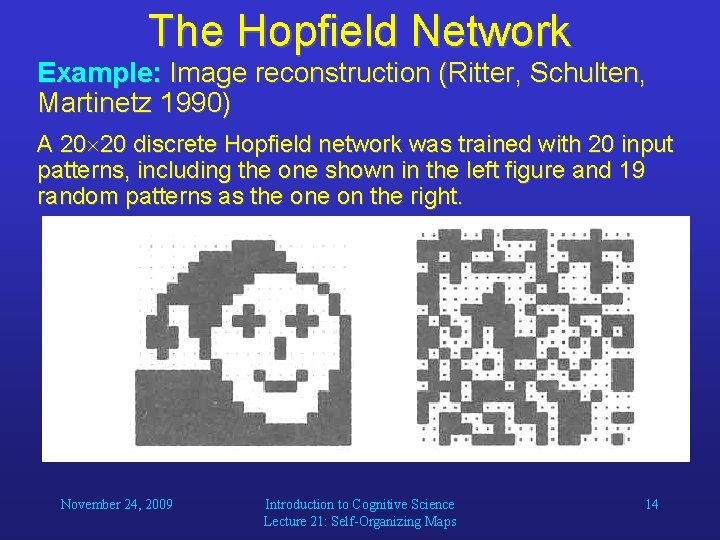 The Hopfield Network Example: Image reconstruction (Ritter, Schulten, Martinetz 1990) A 20 20 discrete