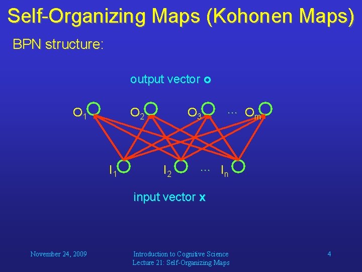 Self-Organizing Maps (Kohonen Maps) BPN structure: output vector o O 1 O 2 I
