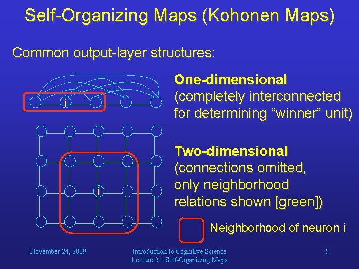 Self-Organizing Maps (Kohonen Maps) Common output-layer structures: One-dimensional (completely interconnected for determining “winner” unit)