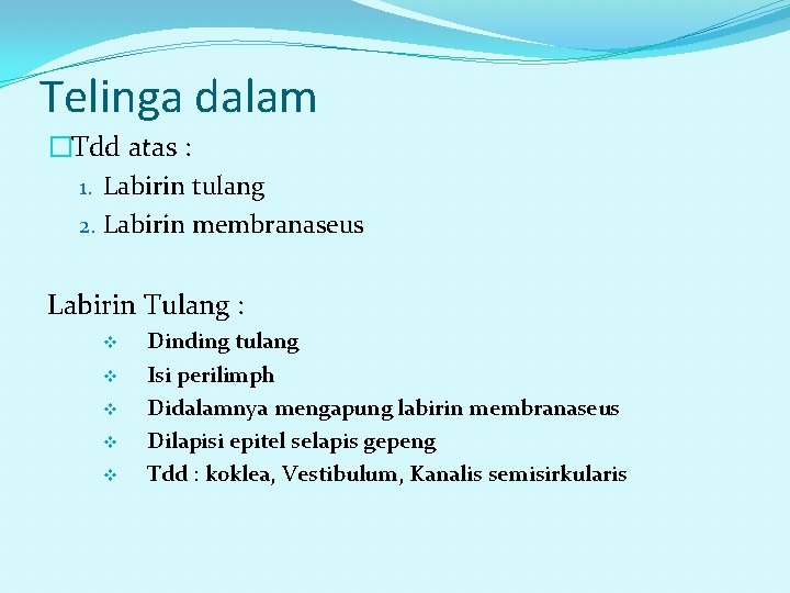 Telinga dalam �Tdd atas : 1. Labirin tulang 2. Labirin membranaseus Labirin Tulang :