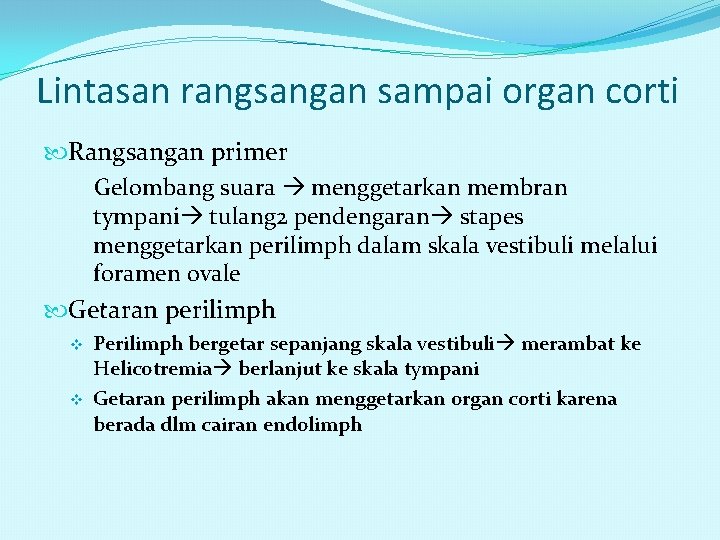 Lintasan rangsangan sampai organ corti Rangsangan primer Gelombang suara menggetarkan membran tympani tulang 2