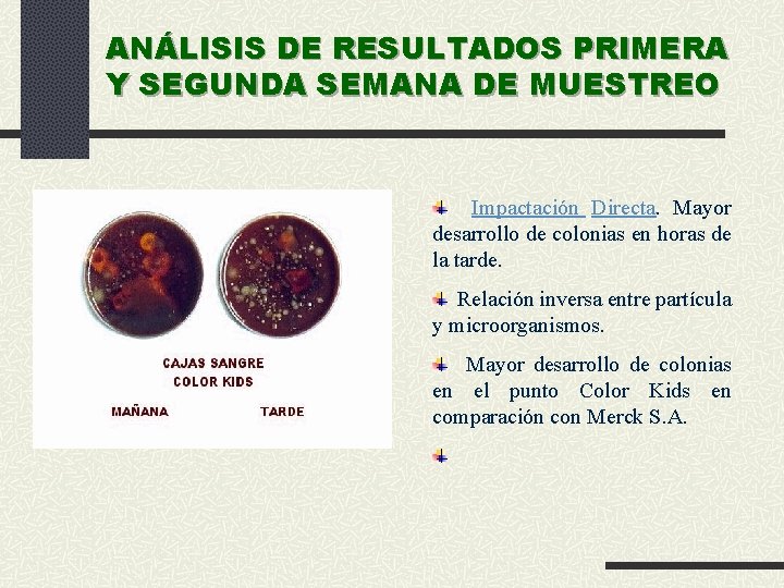 ANÁLISIS DE RESULTADOS PRIMERA Y SEGUNDA SEMANA DE MUESTREO Impactación Directa. Mayor desarrollo de