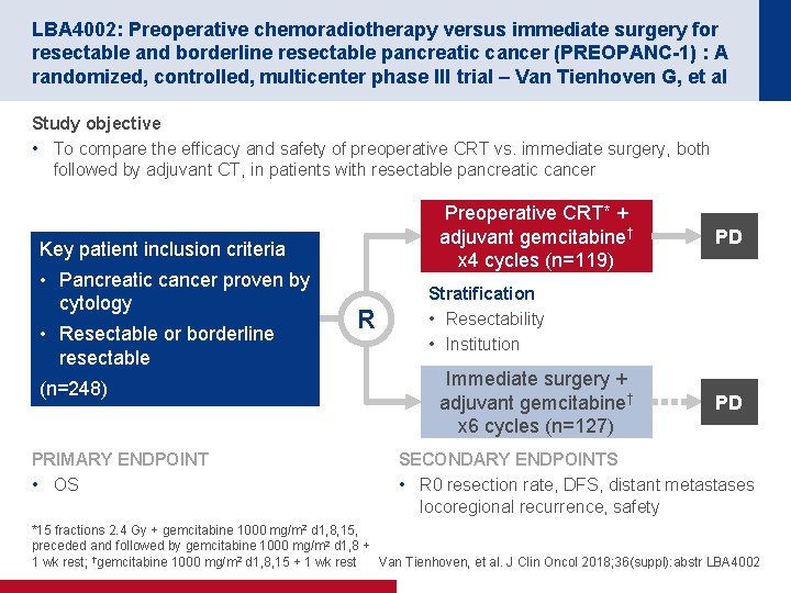 LBA 4002: Preoperative chemoradiotherapy versus immediate surgery for resectable and borderline resectable pancreatic cancer