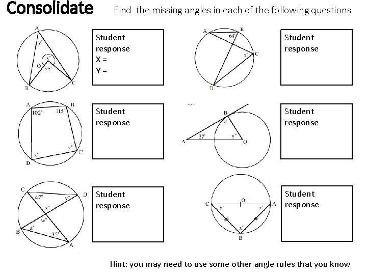 Consolidate Find the missing angles in each of the following questions Student response X=