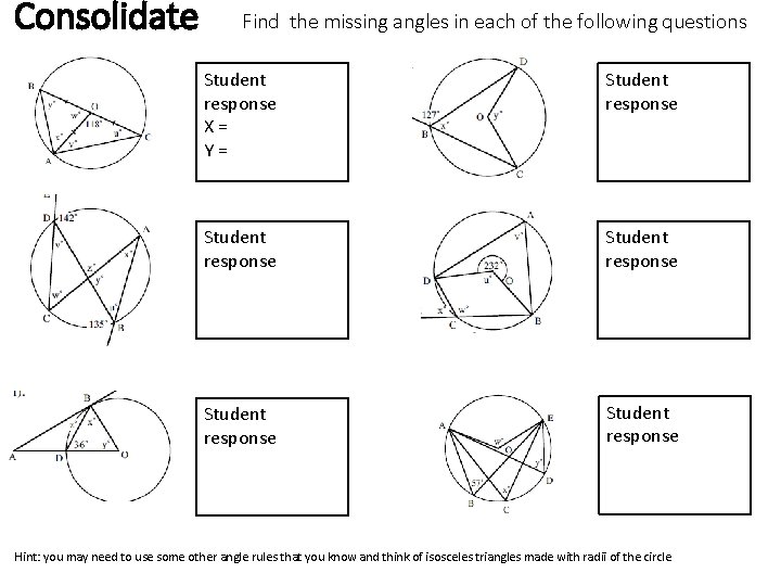 Consolidate Find the missing angles in each of the following questions Student response X=