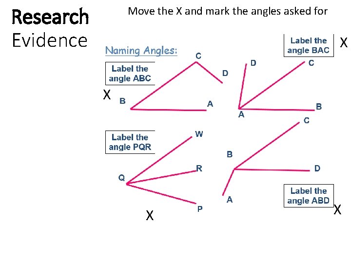 Research Evidence Move the X and mark the angles asked for X X 
