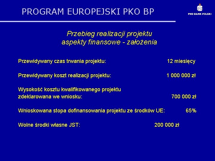 PROGRAM EUROPEJSKI PKO BP Przebieg realizacji projektu aspekty finansowe - założenia Przewidywany czas trwania