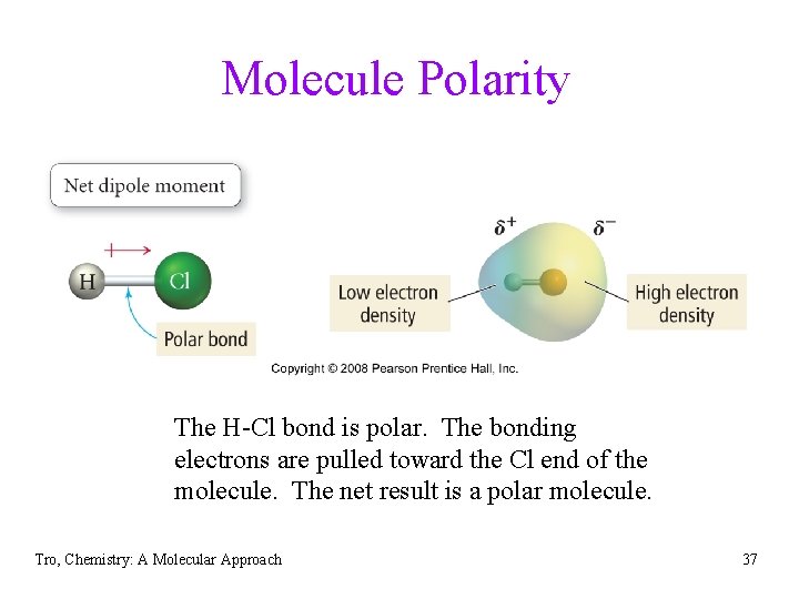 Molecule Polarity The H-Cl bond is polar. The bonding electrons are pulled toward the