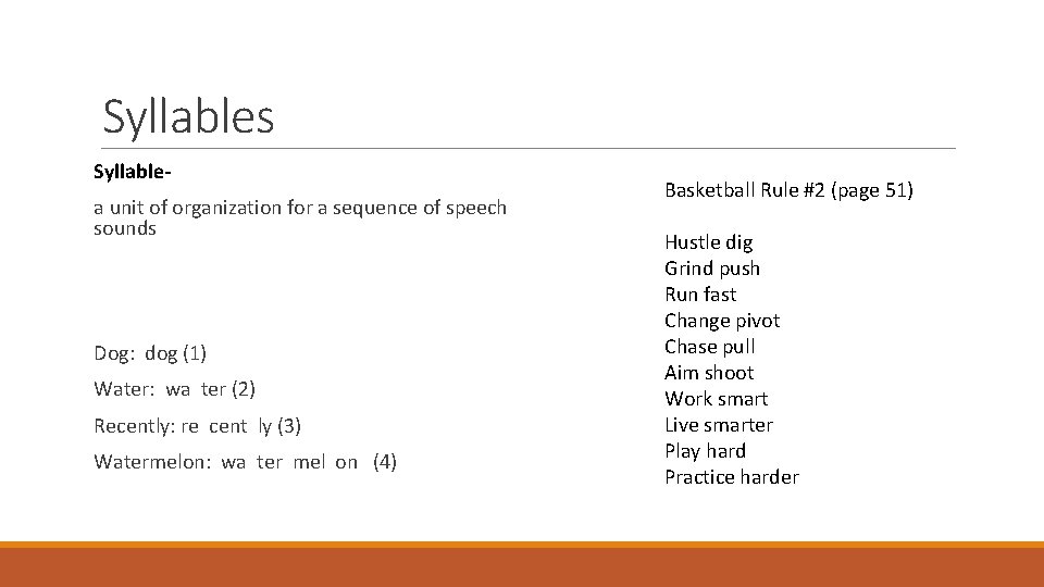 Syllables Syllablea unit of organization for a sequence of speech sounds Dog: dog (1)