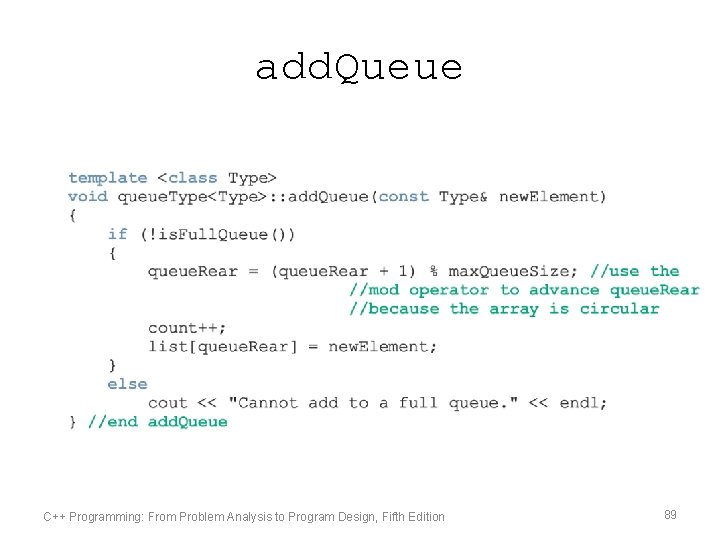 add. Queue C++ Programming: From Problem Analysis to Program Design, Fifth Edition 89 