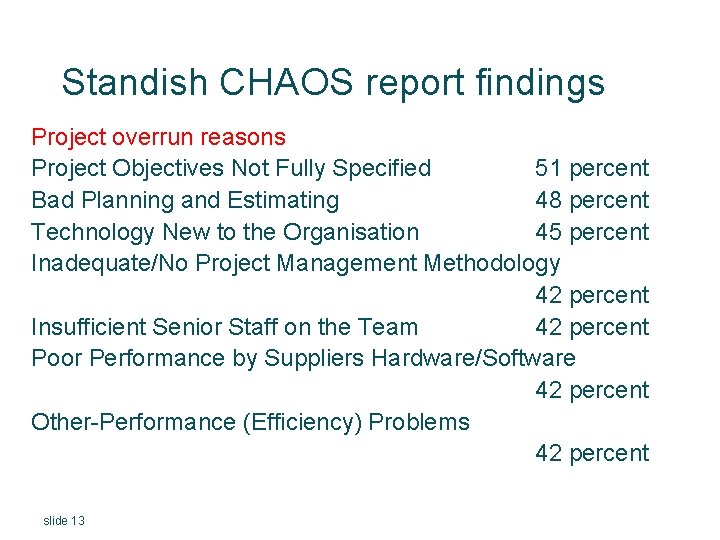 Standish CHAOS report findings Project overrun reasons Project Objectives Not Fully Specified 51 percent