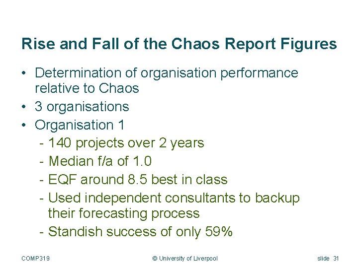 Rise and Fall of the Chaos Report Figures • Determination of organisation performance relative