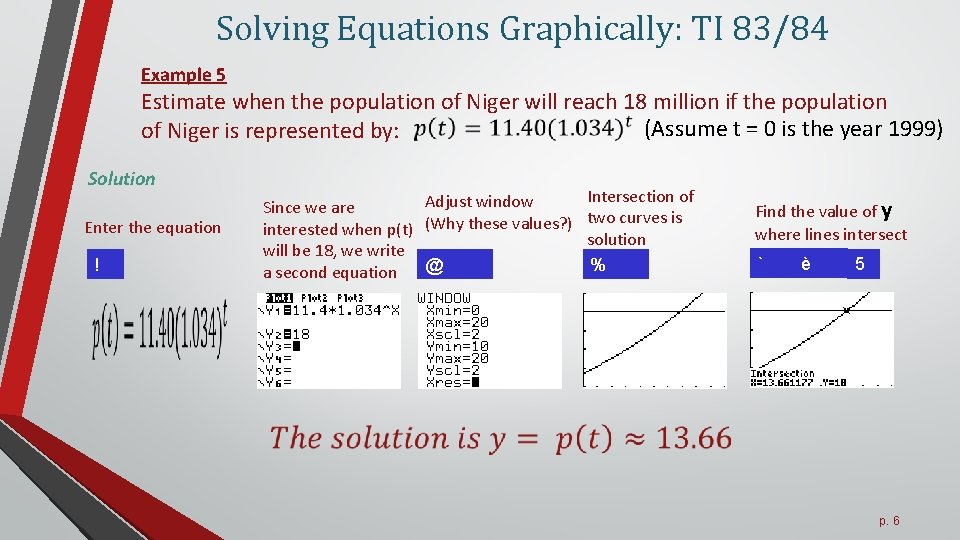 Solving Equations Graphically: TI 83/84 Example 5 Estimate when the population of Niger will Solving Equations Graphically: TI 83/84 Example 5 Estimate when the population of Niger will