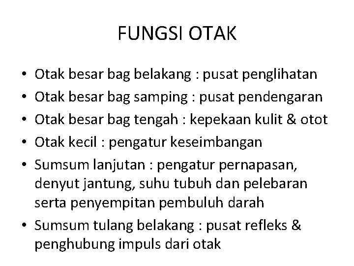 FUNGSI OTAK Otak besar bag belakang : pusat penglihatan Otak besar bag samping :