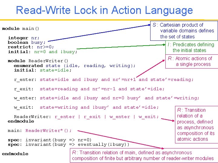 Read-Write Lock in Action Language module main() integer nr; boolean busy; restrict: nr>=0; initial: