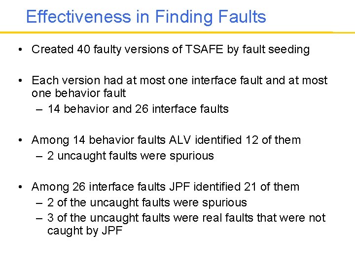 Effectiveness in Finding Faults • Created 40 faulty versions of TSAFE by fault seeding