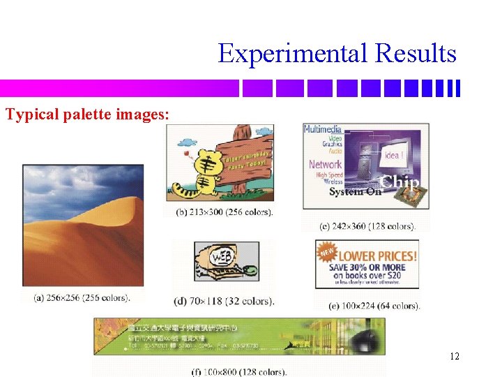 Experimental Results Typical palette images: 12 