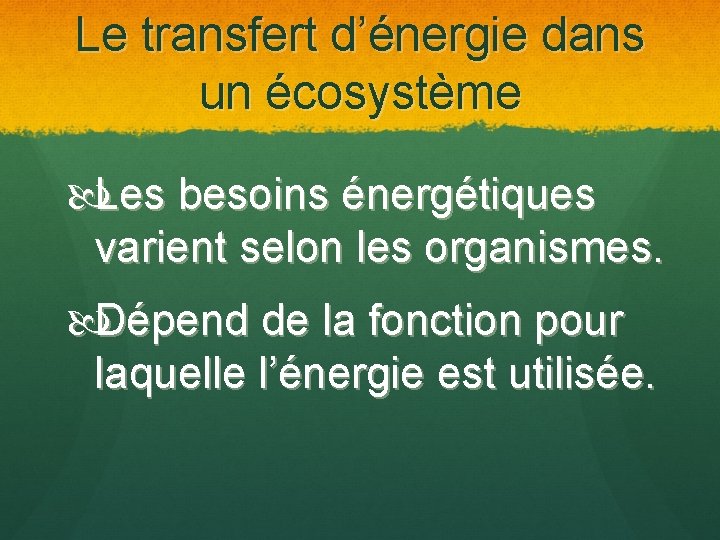 Le transfert d’énergie dans un écosystème Les besoins énergétiques varient selon les organismes. Dépend