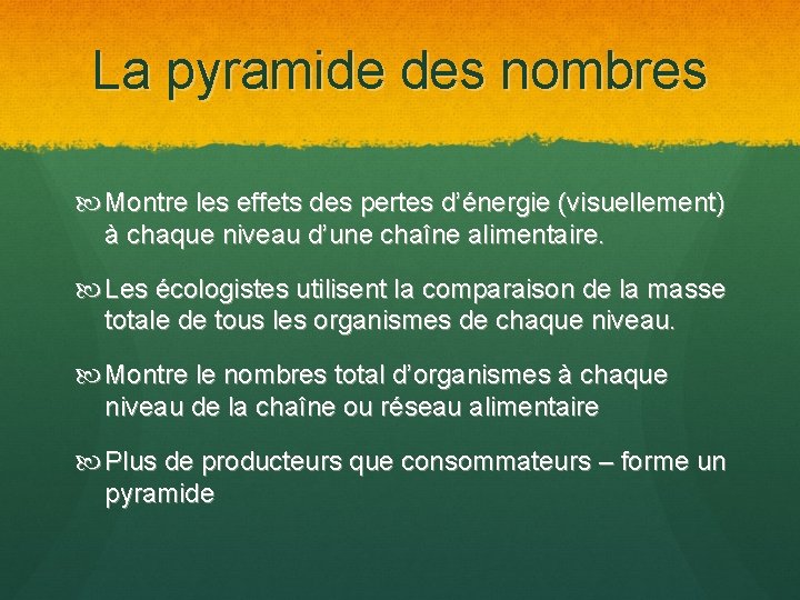 La pyramide des nombres Montre les effets des pertes d’énergie (visuellement) à chaque niveau