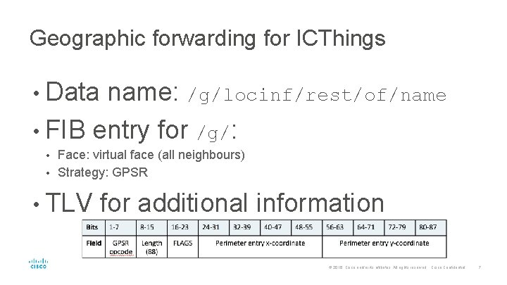 Geographic forwarding for ICThings • Data name: /g/locinf/rest/of/name • FIB entry for /g/: Face: