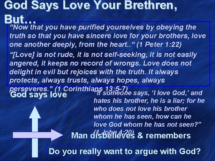 God Says Love Your Brethren, But… “Now that you have purified yourselves by obeying