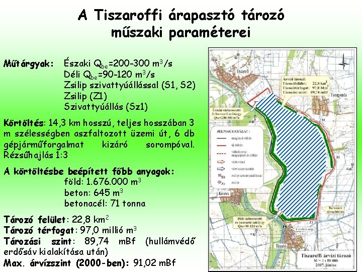 A Tiszaroffi árapasztó tározó műszaki paraméterei Műtárgyak: Északi Qbe=200 -300 m 3/s Déli Qbe=90