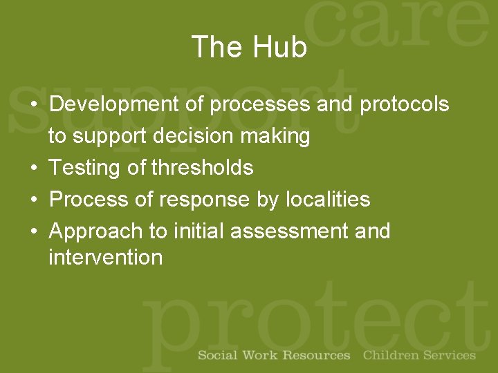 The Hub • Development of processes and protocols to support decision making • Testing