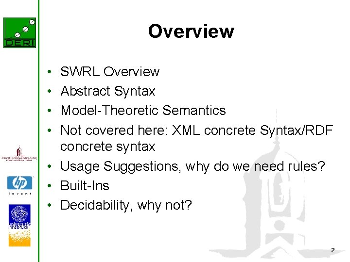 Overview • • SWRL Overview Abstract Syntax Model-Theoretic Semantics Not covered here: XML concrete