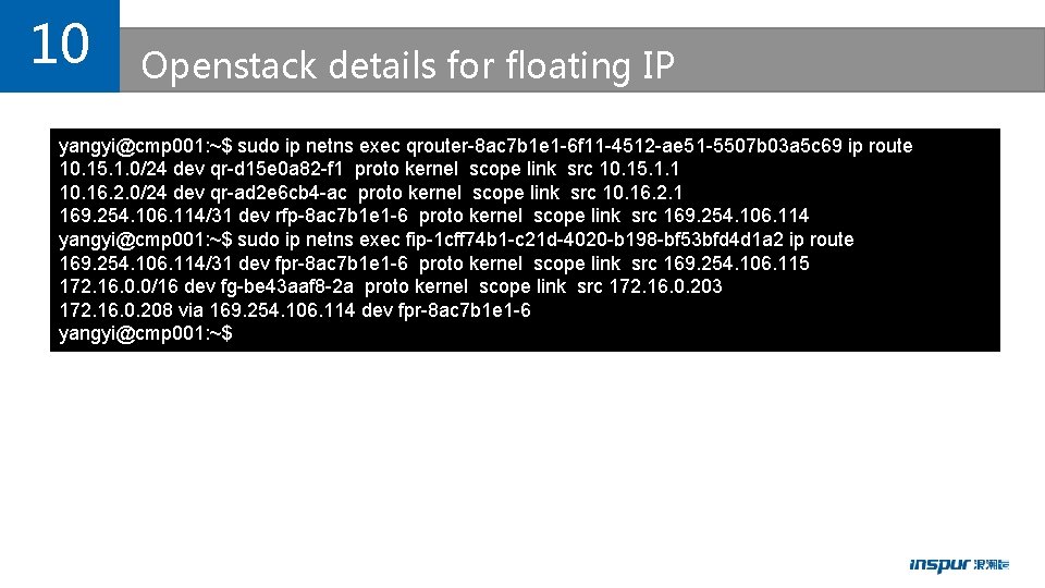 10 Openstack details for floating IP yangyi@cmp 001: ~$ sudo ip netns exec qrouter-8