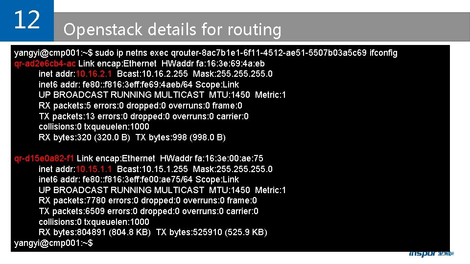 12 Openstack details for routing yangyi@cmp 001: ~$ sudo ip netns exec qrouter-8 ac