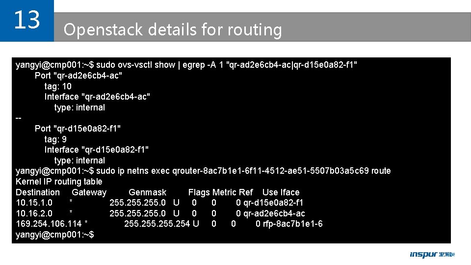 13 Openstack details for routing yangyi@cmp 001: ~$ sudo ovs-vsctl show | egrep -A