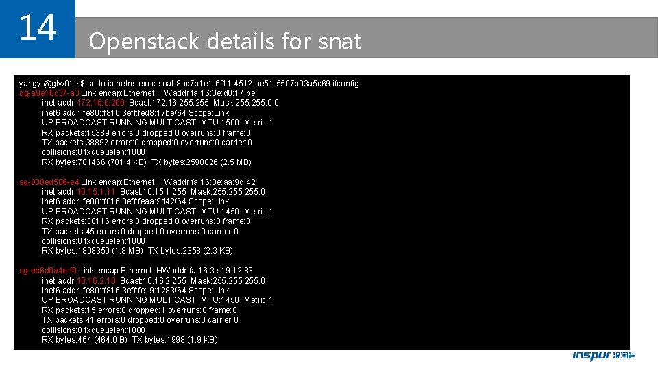 14 Openstack details for snat yangyi@gtw 01: ~$ sudo ip netns exec snat-8 ac