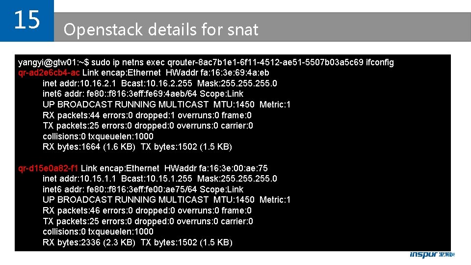 15 Openstack details for snat yangyi@gtw 01: ~$ sudo ip netns exec qrouter-8 ac