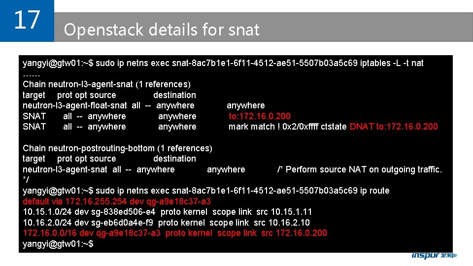 17 Openstack details for snat yangyi@gtw 01: ~$ sudo ip netns exec snat-8 ac