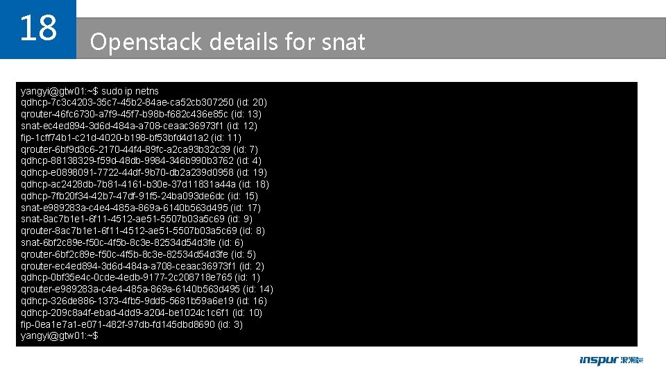 18 Openstack details for snat yangyi@gtw 01: ~$ sudo ip netns qdhcp-7 c 3