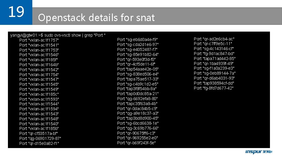 19 Openstack details for snat yangyi@gtw 01: ~$ sudo ovs-vsctl show | grep "Port