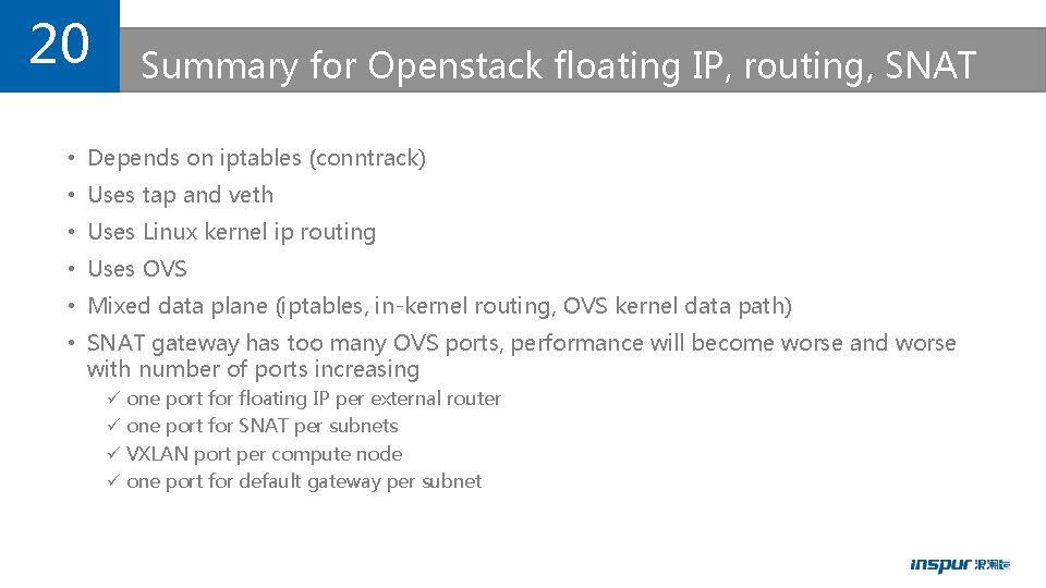 20 Summary for Openstack floating IP, routing, SNAT • Depends on iptables (conntrack) •