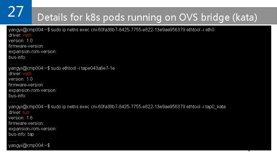 27 Details for k 8 s pods running on OVS bridge (kata) yangyi@cmp 004: