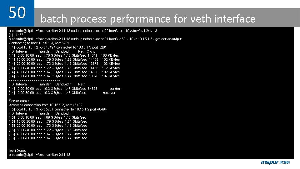 50 batch process performance for veth interface eipadmin@eip 01: ~/openvswitch-2. 11. 1$ sudo ip