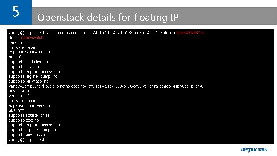 5 Openstack details for floating IP yangyi@cmp 001: ~$ sudo ip netns exec fip-1