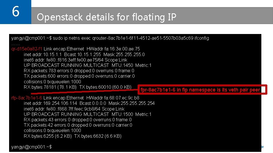 6 Openstack details for floating IP yangyi@cmp 001: ~$ sudo ip netns exec qrouter-8