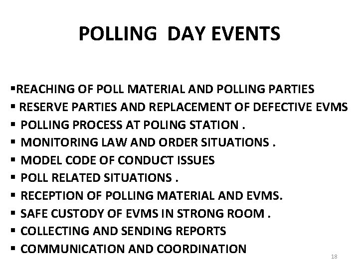 POLLING DAY EVENTS §REACHING OF POLL MATERIAL AND POLLING PARTIES § RESERVE PARTIES AND