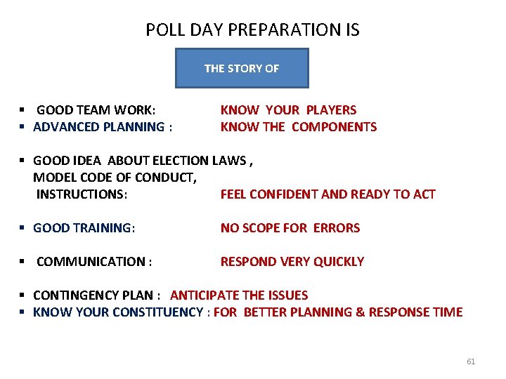 POLL DAY PREPARATION IS THE STORY OF § GOOD TEAM WORK: § ADVANCED PLANNING