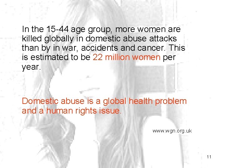 In the 15 -44 age group, more women are killed globally in domestic abuse