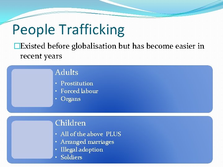 People Trafficking �Existed before globalisation but has become easier in recent years Adults •