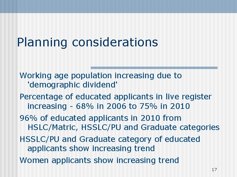 Planning considerations Working age population increasing due to 'demographic dividend' Percentage of educated applicants